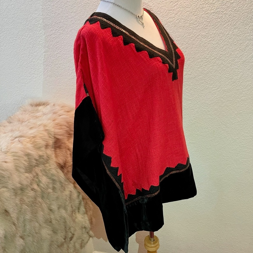 Roja Western Poncho Top-Red with Black Velvet Trim and Beaded Embellishment-Sz 1